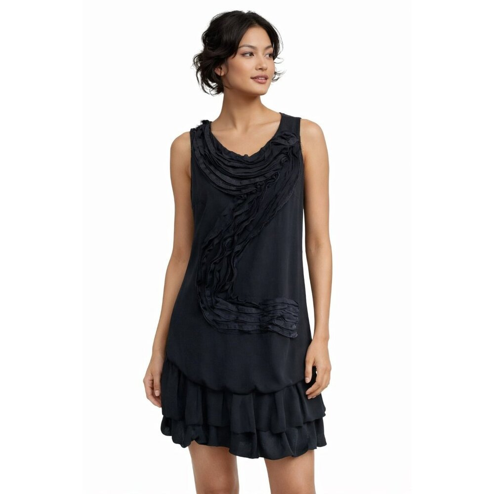 Teri Jon Black Sleeveless Tiered Ruffled Silk Blend Dress Size 2